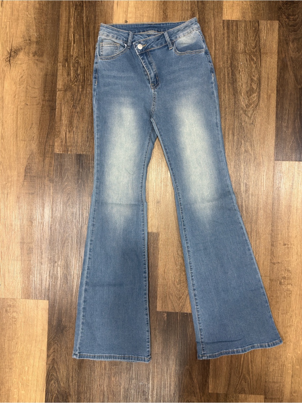 Tall Cross Waist Flare Jeans Women’s Medium Wash High Rise Bell Bottom Denim